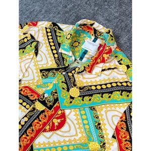 Mens Baroque Print Button Down Short Sleeve‎ Shirt Colorful Pattern